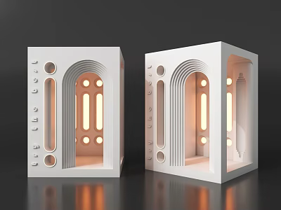 Modern White Wall Lamps Geometric Square Frame Arch Structure Circular Cutouts Illuminated Warm Light 3d model