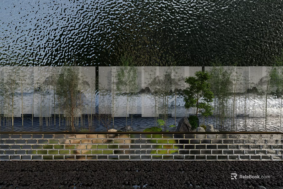 Elegant Garden Ornament With Brick Wall Small Trees And Water Feature 3d model 