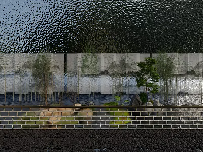 Elegant Garden Ornament With Brick Wall Small Trees And Water Feature 3d model