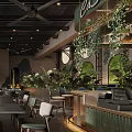 Modern Industrial Restaurant Interior With Greenery Rock Decor Long Tables And Ceiling Fans