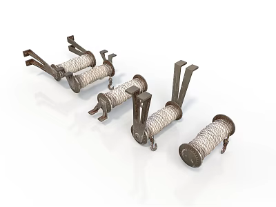 Multiple Metal Rope Winding Reels With White Cord And Sturdy Stands 3d model