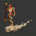 Mythical Armored Man With Red Hair Holding Golden Staff On Cloud Base