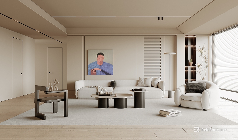 Elegant Modern Living Room Interior With White Sofa Round Coffee Table And Wall Artwork 3d model 