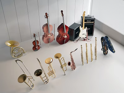 Assorted Musical Instruments and Art Supplies Display Including Violins Cellos Guitars Saxophones and Trombones 3d model