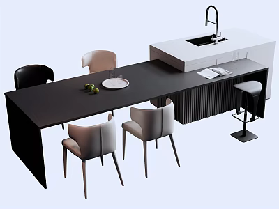 Modern Bar Counter With Black Countertop White Sink Area Chairs Stools Fruit And Plate 3d model