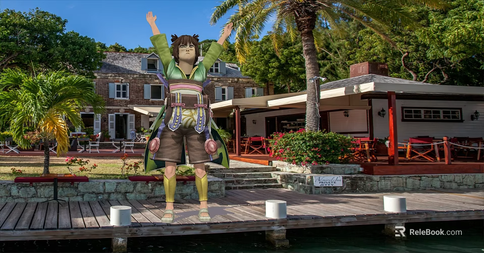 Game Movie Character in Green Outfit with Arms Raised on Wooden Deck by Palm Trees 3d model 