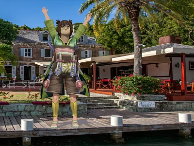 Game Movie Character in Green Outfit with Arms Raised on Wooden Deck by Palm Trees 3d model