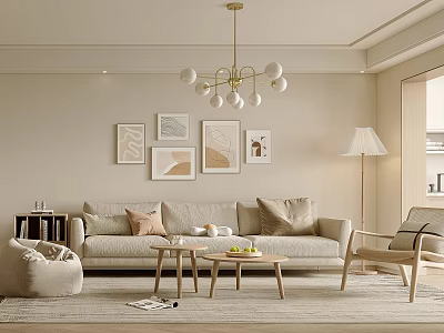 Minimalist Living and Dining Room Interior With Beige Sofa Coffee Tables Wall Art And Chandelier 3d model