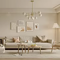 Minimalist Living and Dining Room Interior With Beige Sofa Coffee Tables Wall Art And Chandelier