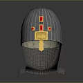 Medieval Silver Metallic Armor Helmet Weapon With Red Accents Golden Details And Chain Mail Base