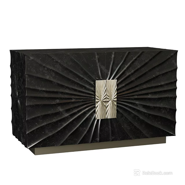 Elegant Modern Black Console Table with Radiating Pattern and Golden Decorative Panel 3d model