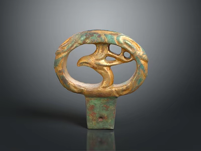 Ancient Bronze Artifact With Circular Ring Bird Motif On Square Base And Green Golden Patina 3d model