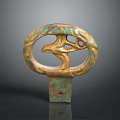 Ancient Bronze Artifact With Circular Ring Bird Motif On Square Base And Green Golden Patina