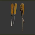 3D Rendered Hardware Tools Chisels With Wooden Handles And Rusty Metal Parts On Dark Background