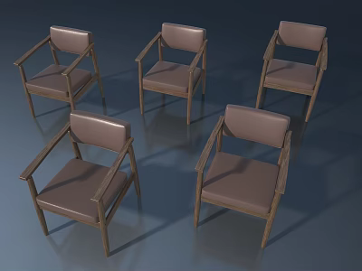Five Chairs With Brown Leather Seats And Wooden Frames Featuring Armrests 3d model