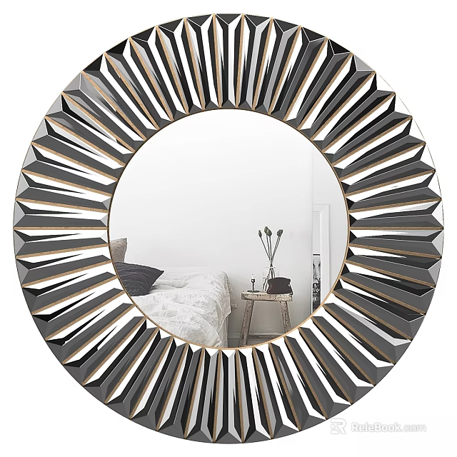 Stylish Circular Mirror With Radiating Frame Reflecting Bedroom Bed And Vase 3d model 