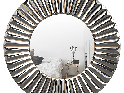 Stylish Circular Mirror With Radiating Frame Reflecting Bedroom Bed And Vase 3d model