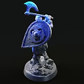 Warrior Sculpture Carving with Glowing Axe Shield and Armored Standing Pose on Base