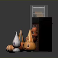 Halloween Decorative Scene With Metal Shelf Boxes And Colorful Pumpkin Ornaments