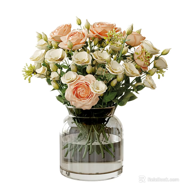Pink Roses And White Lisianthus Arrangement In Transparent Glass Vase With Green Leaves And Water 3d model 