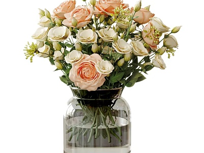 Pink Roses And White Lisianthus Arrangement In Transparent Glass Vase With Green Leaves And Water 3d model