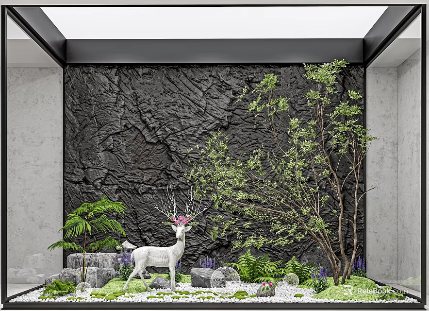 Indoor Landscape with Textured Black Wall White Deer Statue Green Plants Stones and White Pebbles 3d model 