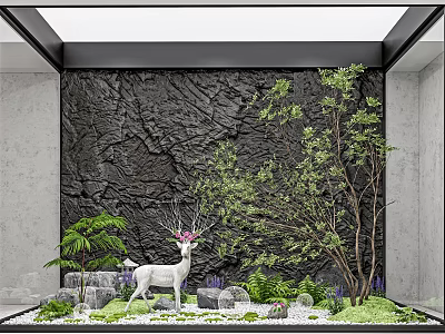 Indoor Landscape with Textured Black Wall White Deer Statue Green Plants Stones and White Pebbles 3d model