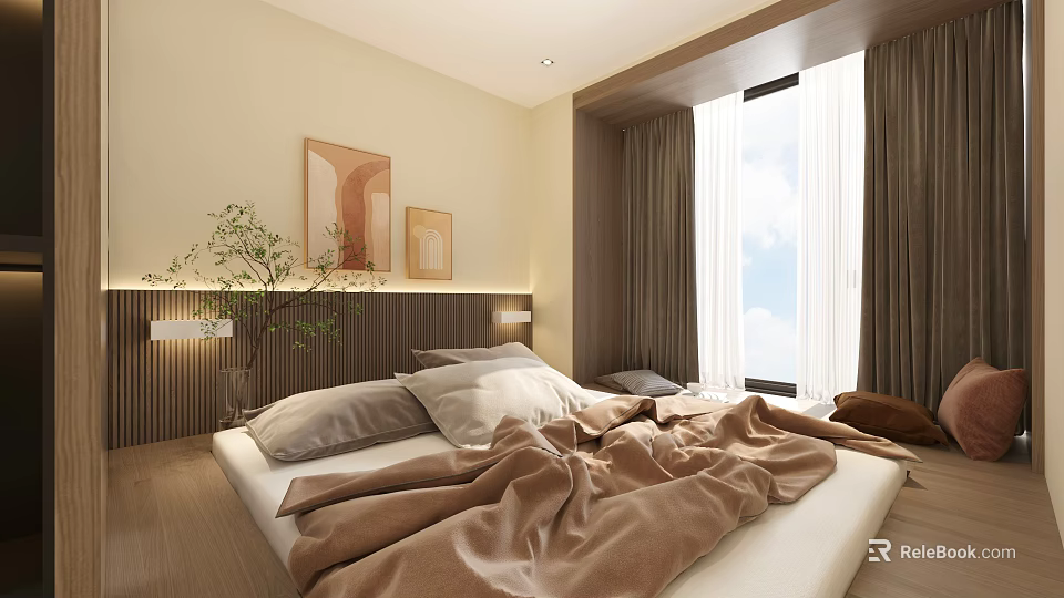 Cozy Tatami Bedroom Interior Design With Warm Tones Window Curtains And Wall Art 3d model 