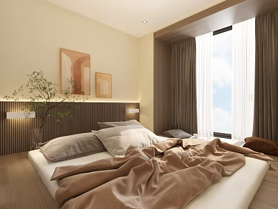 Cozy Tatami Bedroom Interior Design With Warm Tones Window Curtains And Wall Art 3d model