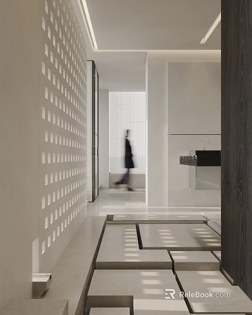 Modern Minimalist Interior Corridor With Light Shadow Patterns And Walking Figure 3d model 