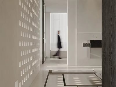 Modern Minimalist Interior Corridor With Light Shadow Patterns And Walking Figure 3d model