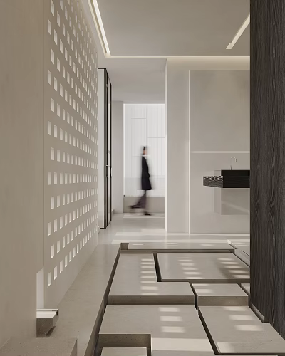Modern Minimalist Interior Corridor With Light Shadow Patterns And Walking Figure 3d model