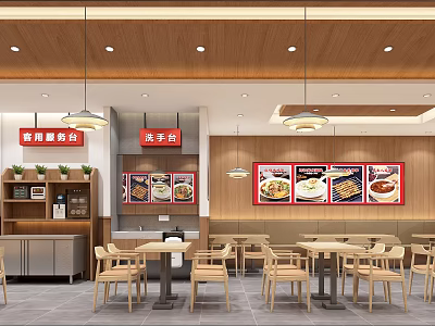 Restaurant Interior With Service Counter Washbasin Tables Chairs Menu Boards Wooden Ceiling And Pendant Lights 3d model