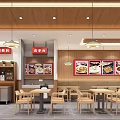 Restaurant Interior With Service Counter Washbasin Tables Chairs Menu Boards Wooden Ceiling And Pendant Lights