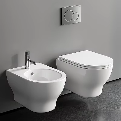Modern Wall Mounted White Toilet With Bidet And Chrome Faucet In Bathroom 3d model