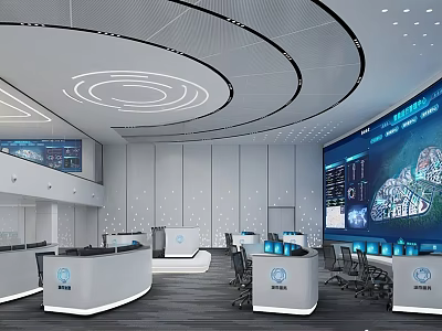 High-Tech Control Room With Large Blue Screens Multiple Control Desks And Circular Ceiling Lights 3d model
