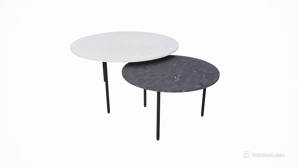 Modern Round Table Set With White And Dark Gray Marble Tops And Black Thin Legs 3d model 