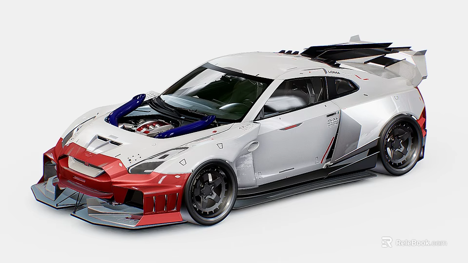 White And Red Custom Sports Car With Rear Wing Large Wheels And Engine Details 3d model 