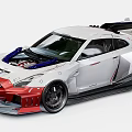 White And Red Custom Sports Car With Rear Wing Large Wheels And Engine Details