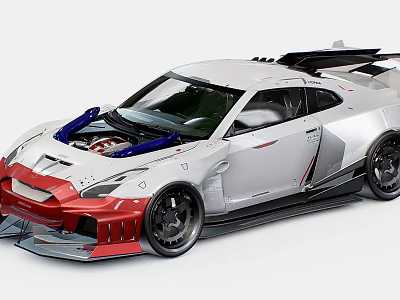 White And Red Custom Sports Car With Rear Wing Large Wheels And Engine Details 3d model