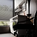 Home Balcony Laundry Space With White Cabinets Sink Washing Machine And Black Blinds