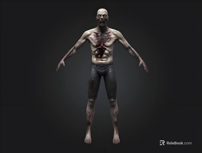 Undead Zombie Character With Exposed Muscles And Tattered Shorts On Black Background 3d model 