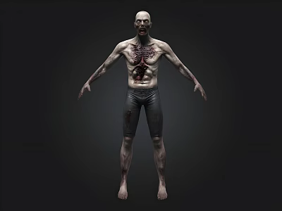 Undead Zombie Character With Exposed Muscles And Tattered Shorts On Black Background 3d model