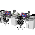 Modern Office Desk Workspace With Computer Monitors Office Chairs And Printer 3d model
