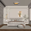 Modern Cream Bedroom Interior With Upholstered Bed Frame Nightstands Wall Art And Wooden Floor
