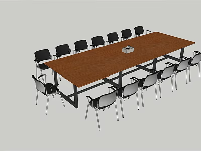 Modern Rectangular Conference Table With Wooden Top And Black Legs Surrounded By Chairs 3d model