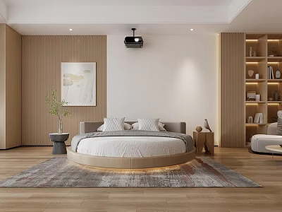 Modern Hotel Room Interior Featuring Round Bed Wooden Walls Rug Bookshelf And Projector 3d model