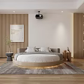 Modern Hotel Room Interior Featuring Round Bed Wooden Walls Rug Bookshelf And Projector