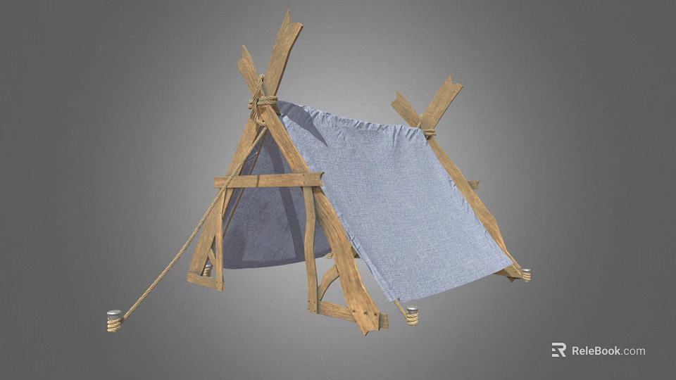 Simple Handmade Outdoor Tent With Wooden Frame And Light Blue Fabric Cover 3d model 