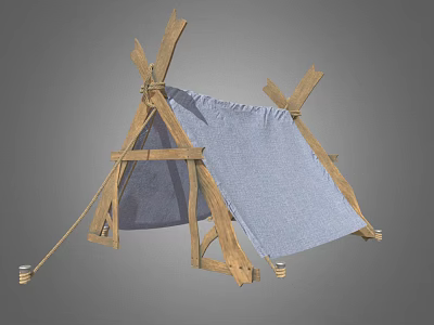Simple Handmade Outdoor Tent With Wooden Frame And Light Blue Fabric Cover 3d model